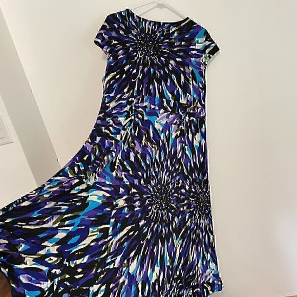 GLAMOUR Plus Size Blue Purple Multi Geometric Surplice Work Midi Fit Flare Dress - Picture 10 of 12